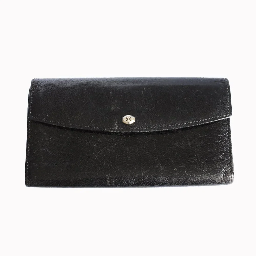 Bosca Wallet with Check Book Holder Black Leather Trifold Vintage